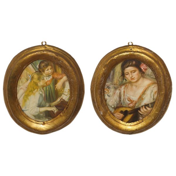 Pair of oval gold leaf frames with prints