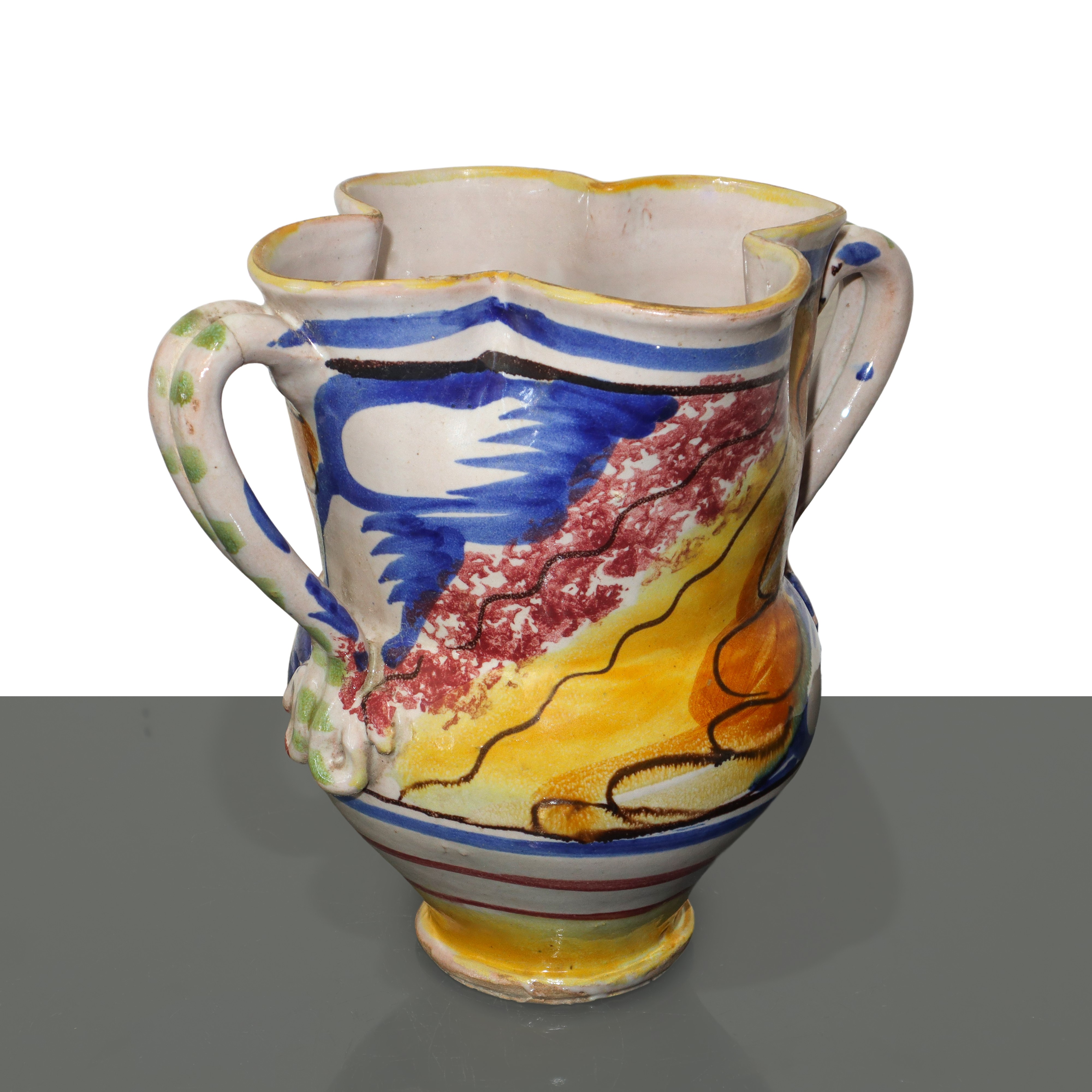 Vaso policromo biansato in maiolica di Caltagirone con bocca smerlata