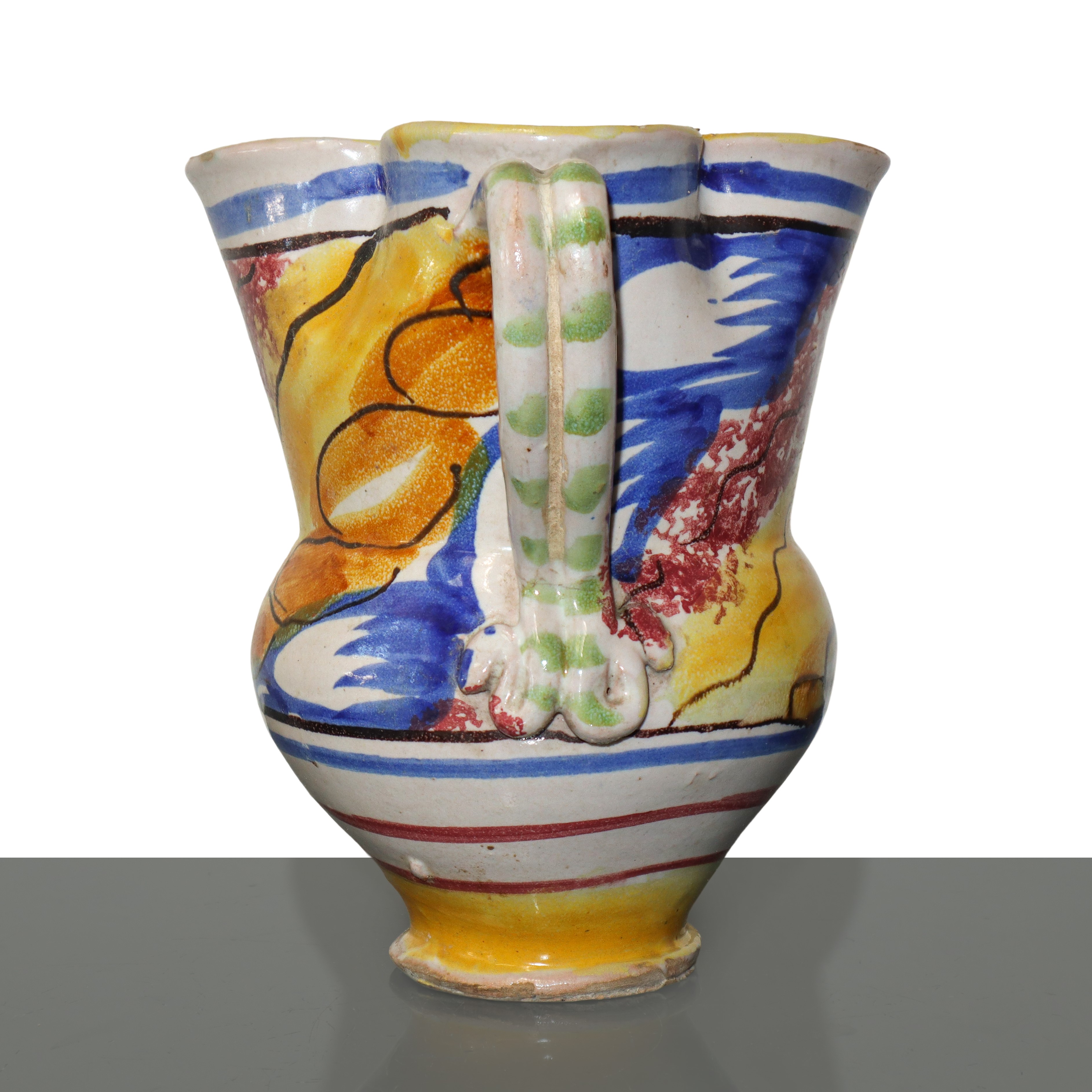 Vaso policromo biansato in maiolica di Caltagirone con bocca smerlata