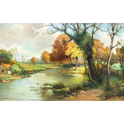 Paesaggio fluviale con alberi e casa, olio su tela