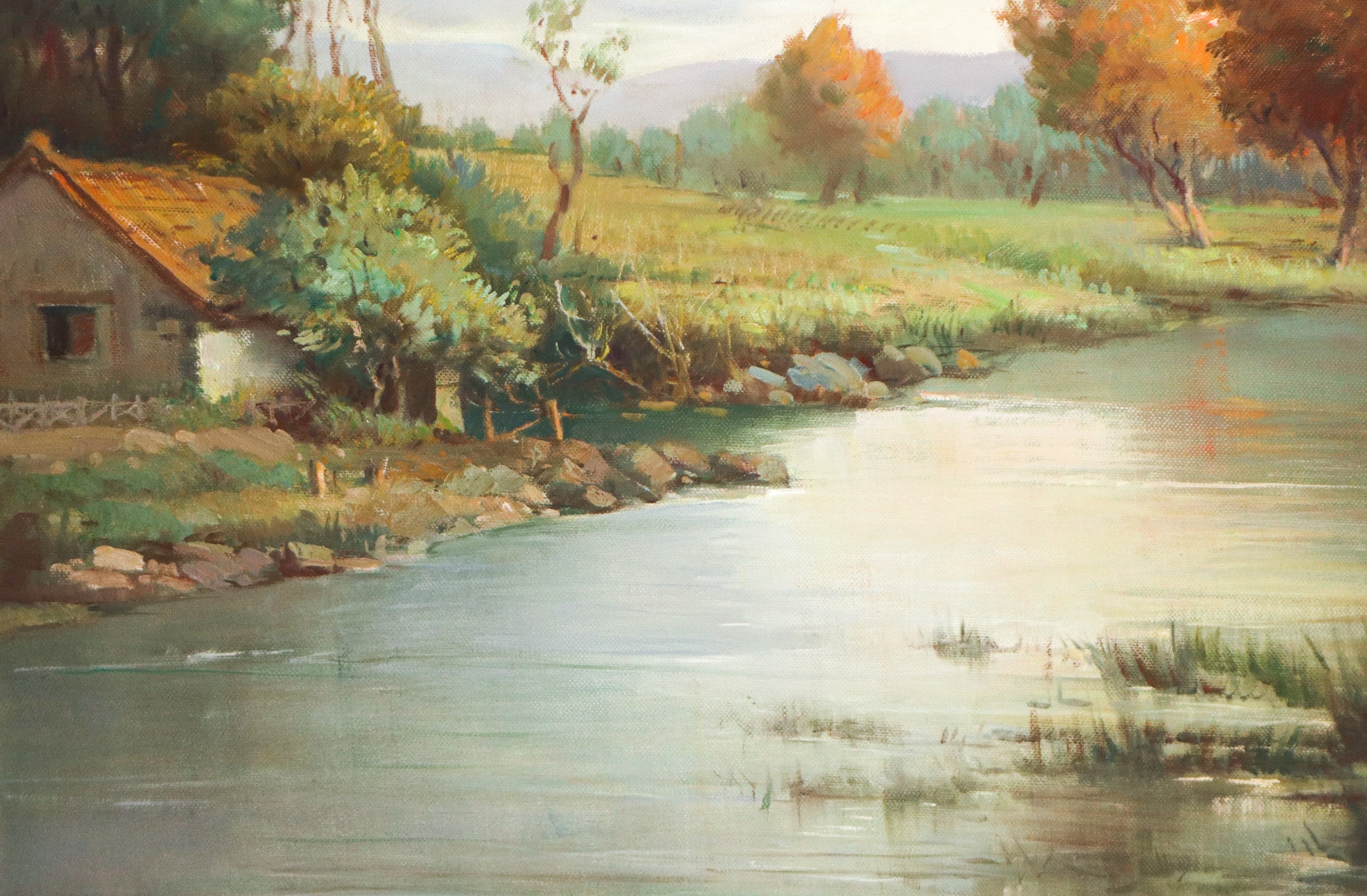 Emanuele di Giovanni - Paesaggio Fluviale con Alberi e Casa