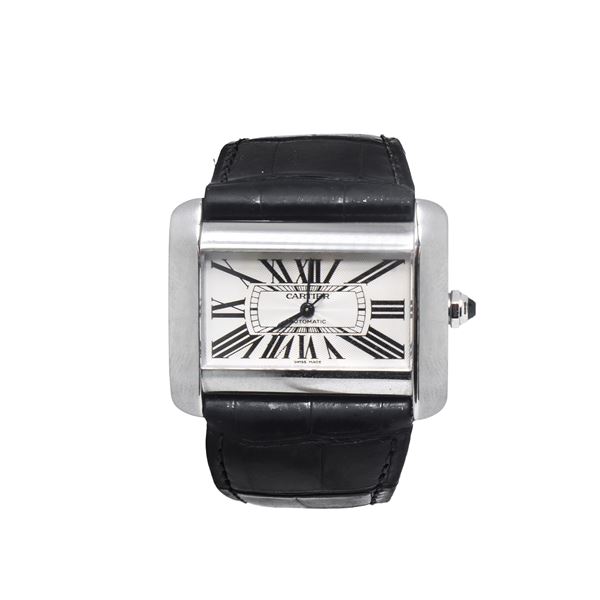 Cartier - Tank Divan Automatic Stainless Steel Watch with Black Leather Strap