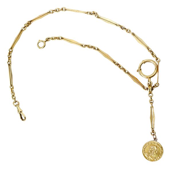 Yellow gold 18 kt watch chain with coin of Charles of Bourbon (1734-1759) at the end