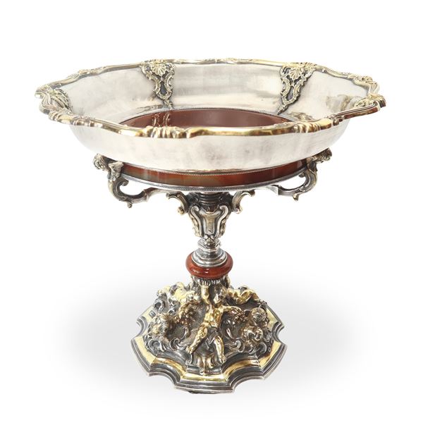 Silver and vermeil silver centrepiece with cherubs at the base and carnelian parts