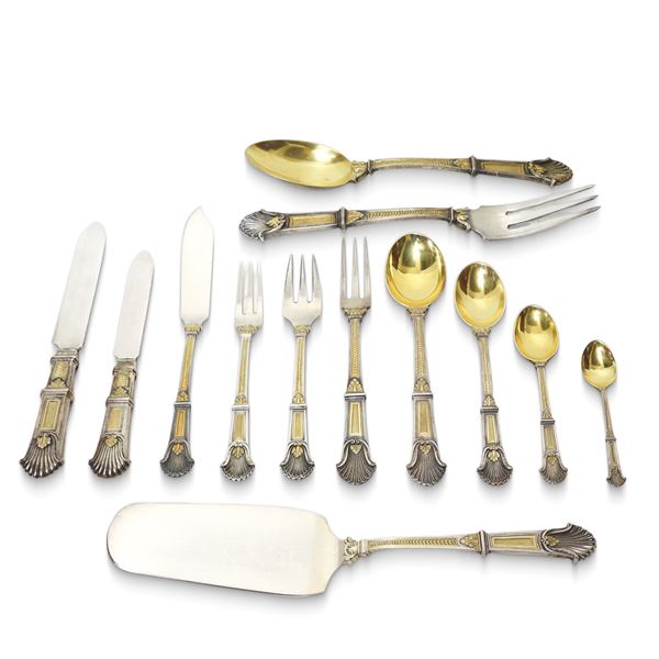 Cutlery set for 12, Renaissance model. Consisting of: 24 forks (2214 kg), 12 knives, 12 spoons (1260  [..]