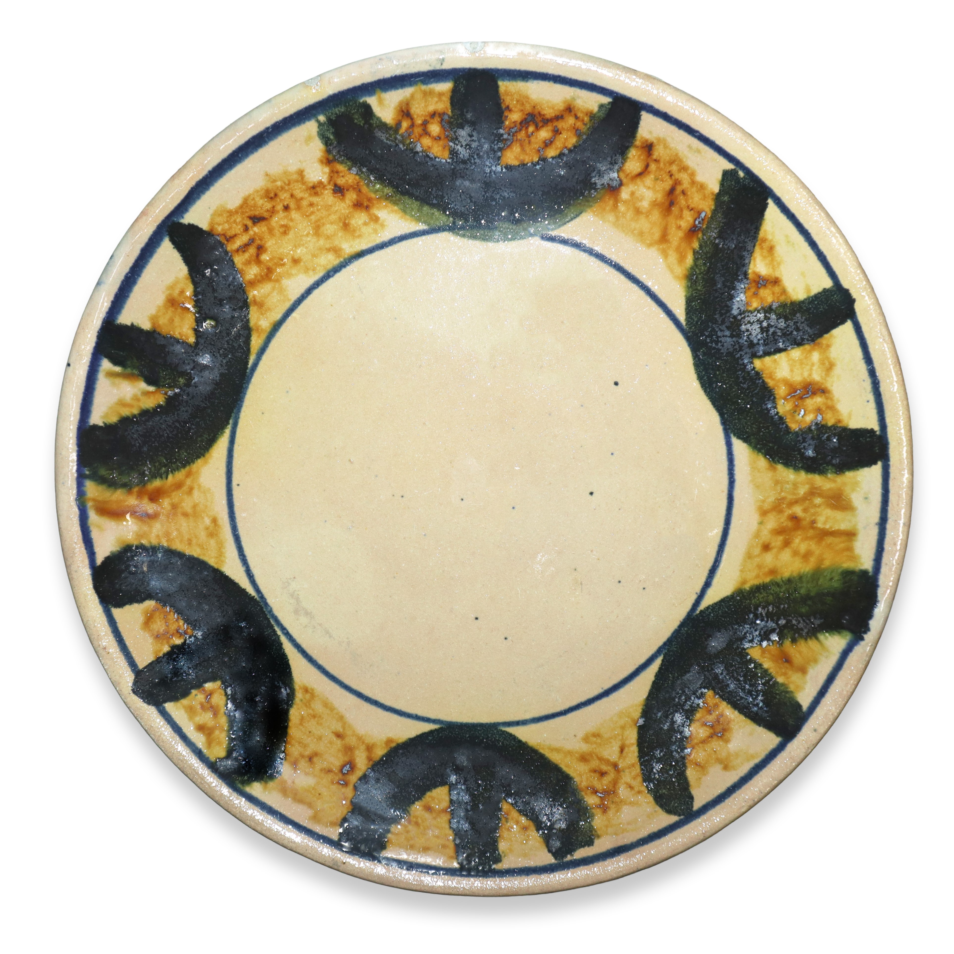 Servizio di piatti da 12 in maiolica di Santo Stefano di Camastra beige con decori blu gialli e n...