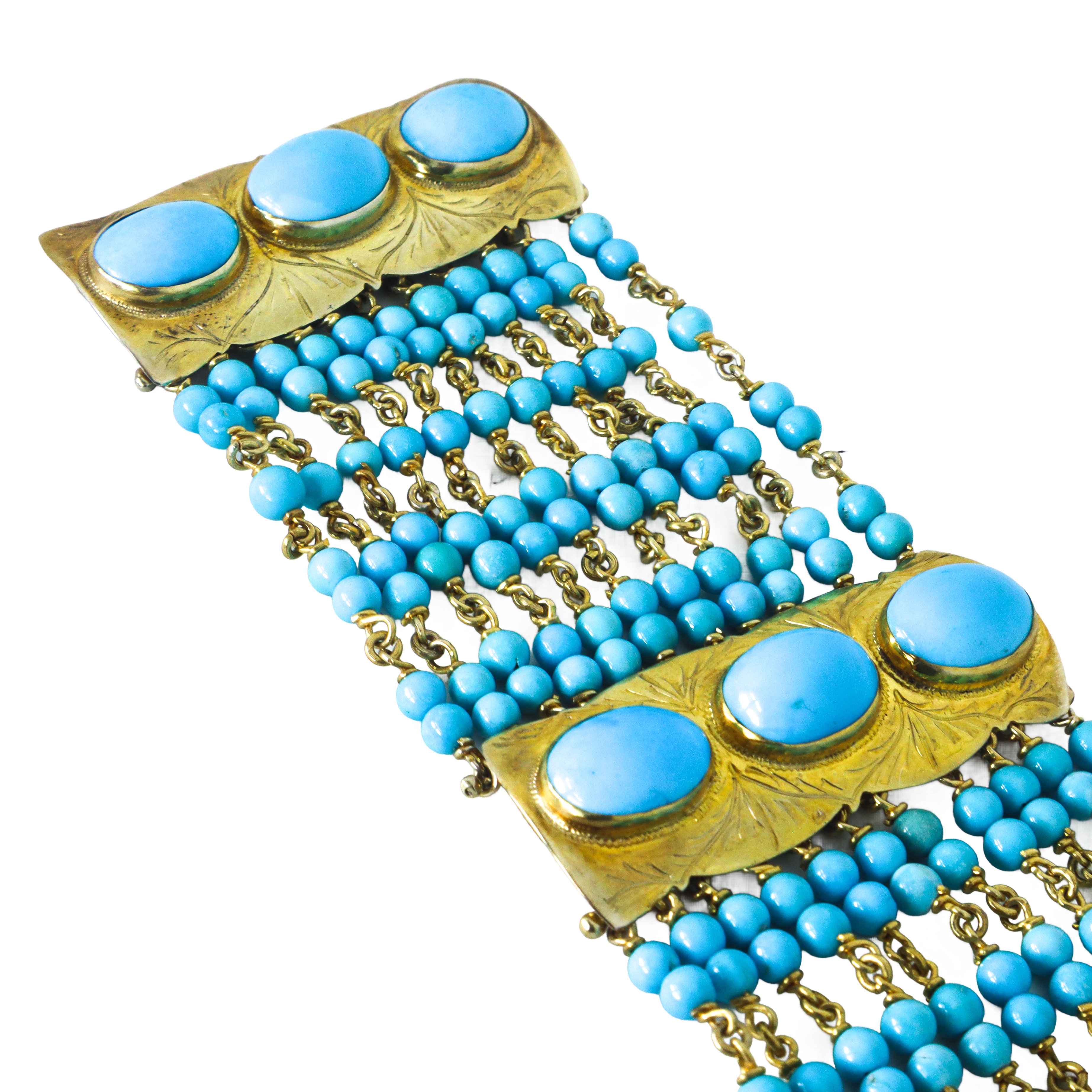 Bracciale in argento 925 a fascia con 11 fili con grani di turchesi intervallati da tre bande con...