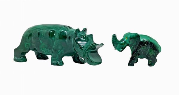Ippopotamo ed elefante in malachite.  Ippopotamo cm 5x12, elefante cm 4x6,5
