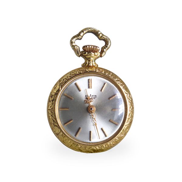 Yellow gold gilded watch/pendant with blue enamel and golden floral decoration