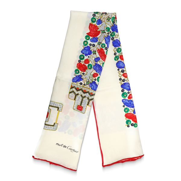 Cartier - Foulard Must de Cartier Paris in seta bianca con decoro gioiello policromo stampato lungo il bordo del Foulard