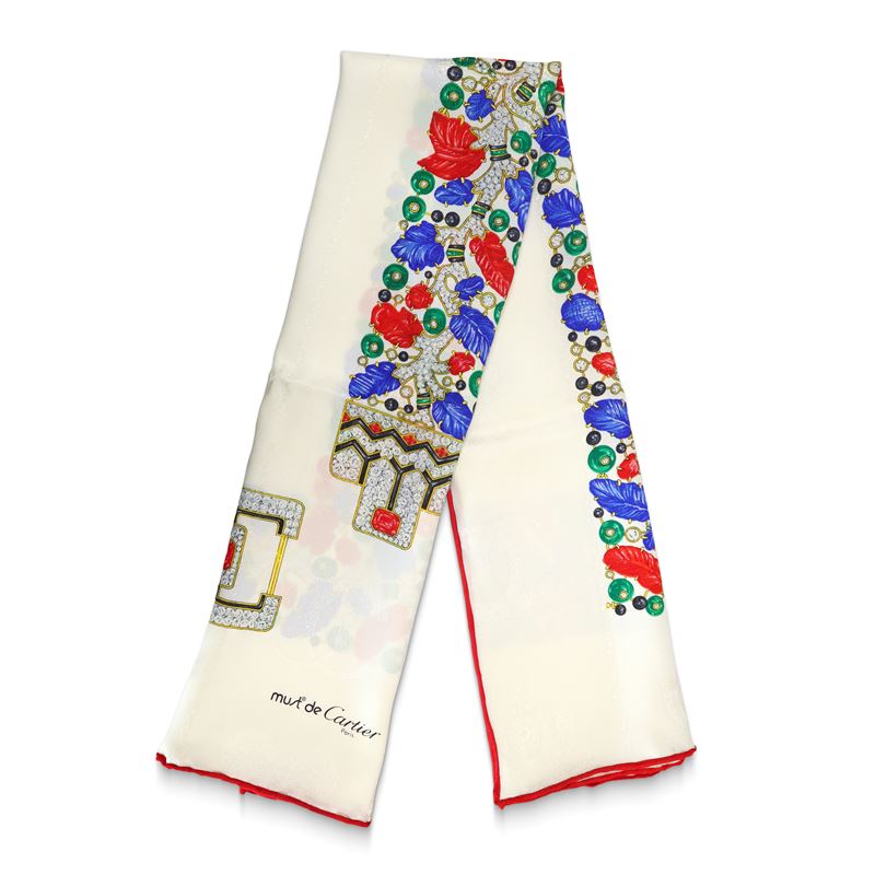 Foulard Must de Cartier Paris in seta bianca con decoro gioiello policromo stampato lungo il bord...