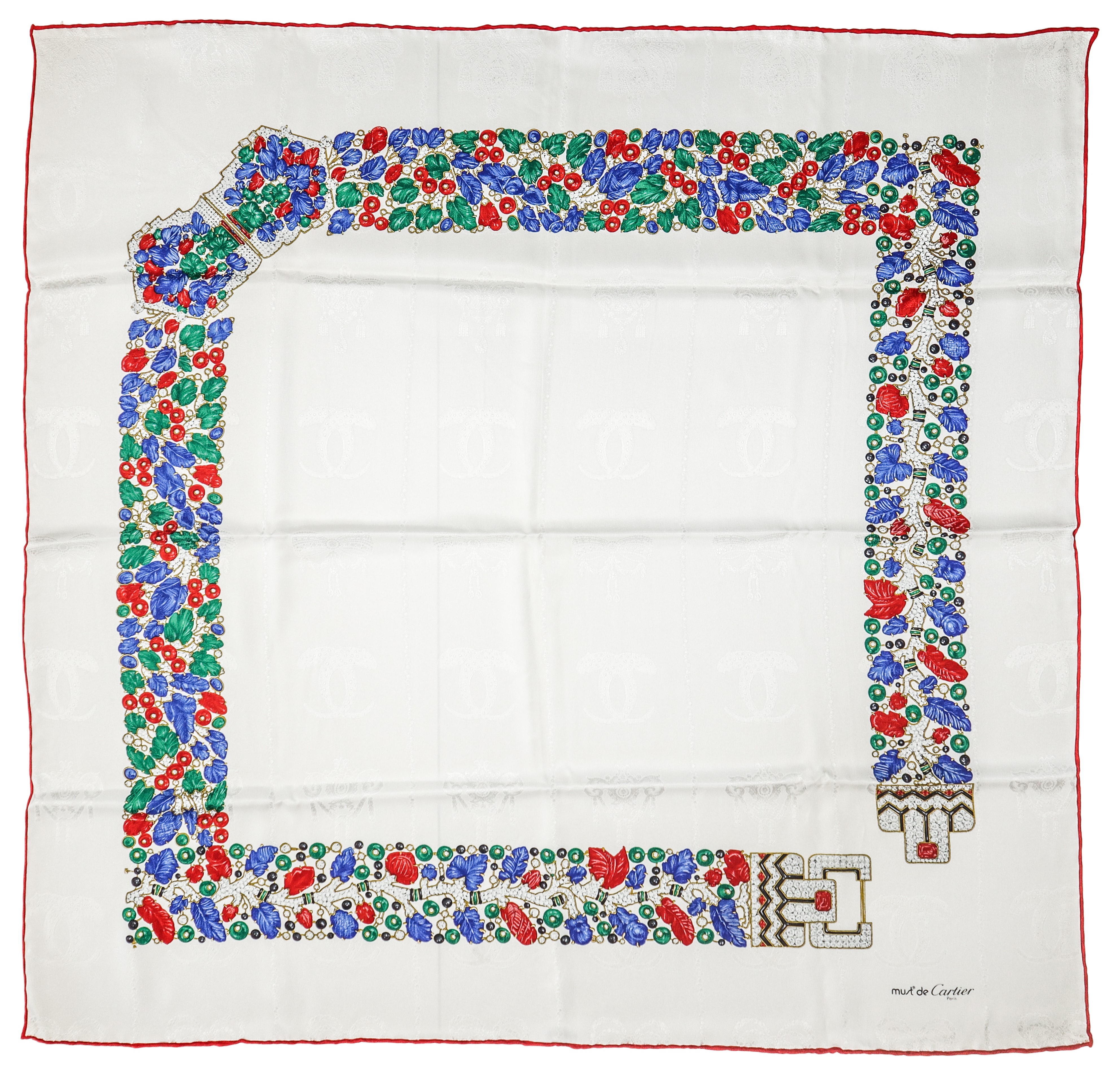 Foulard Must de Cartier Paris in seta bianca con decoro gioiello policromo stampato lungo il bord...