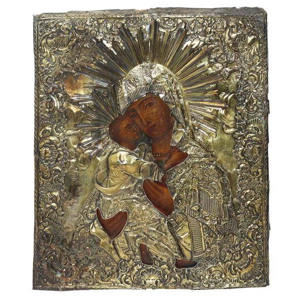 Icona russa raffigurante Madonna con bambino con riza in argento