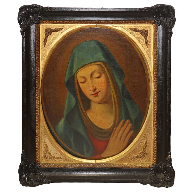 Madonna in preghiera in cornice in legno con decori agli angoli