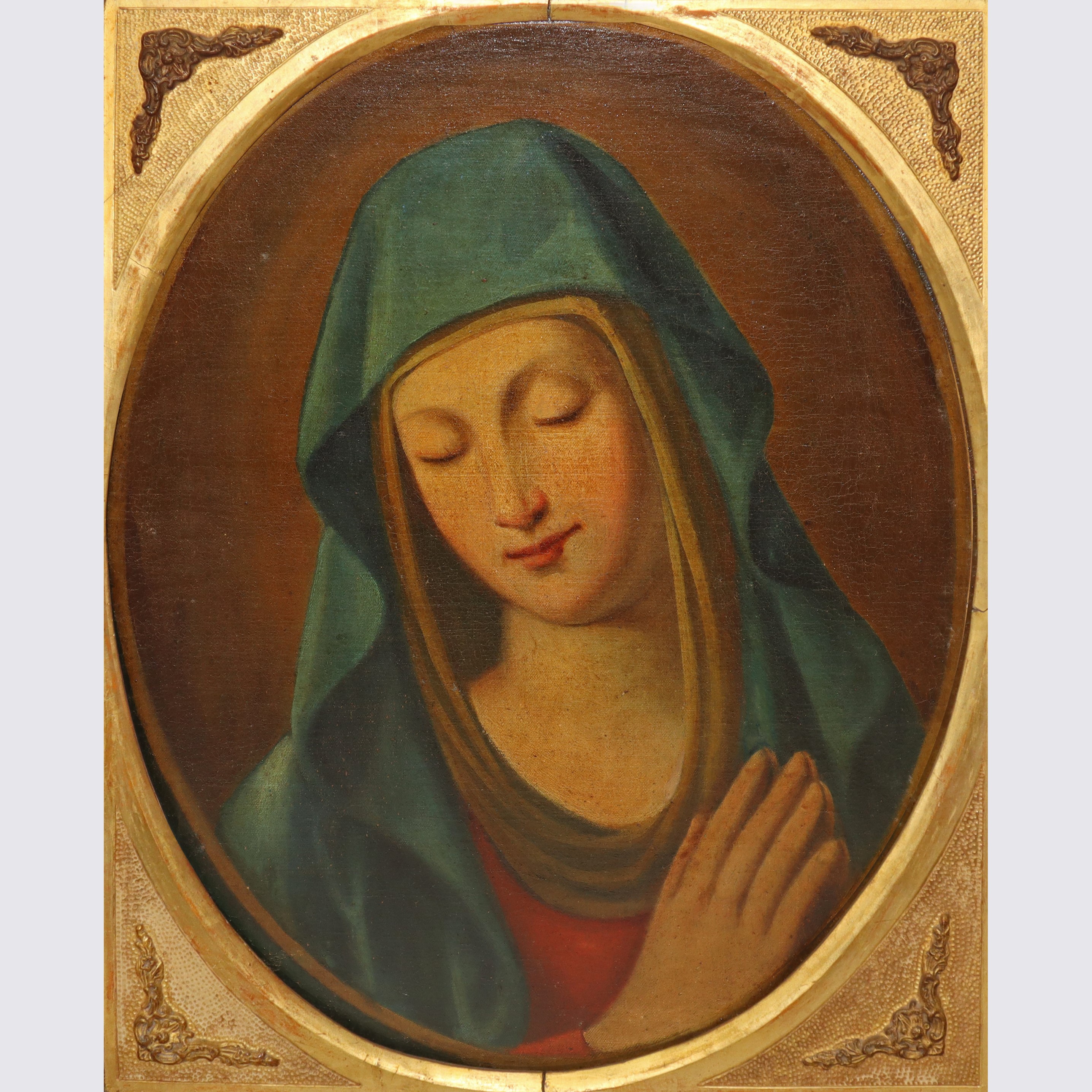 Madonna in preghiera in cornice in legno con decori agli angoli