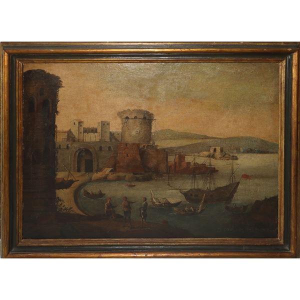 Paesaggio portuale con fortificazione e torre