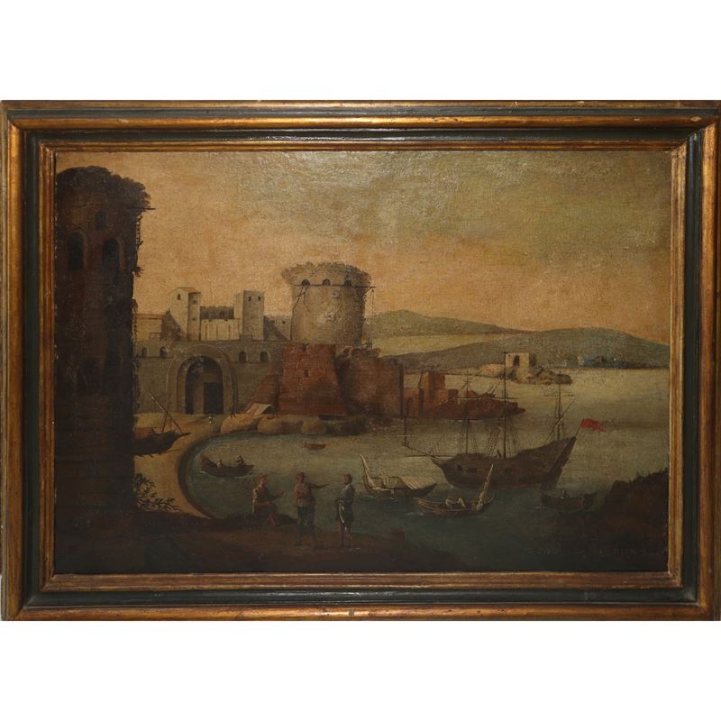 Paesaggio portuale con fortificazione e torre