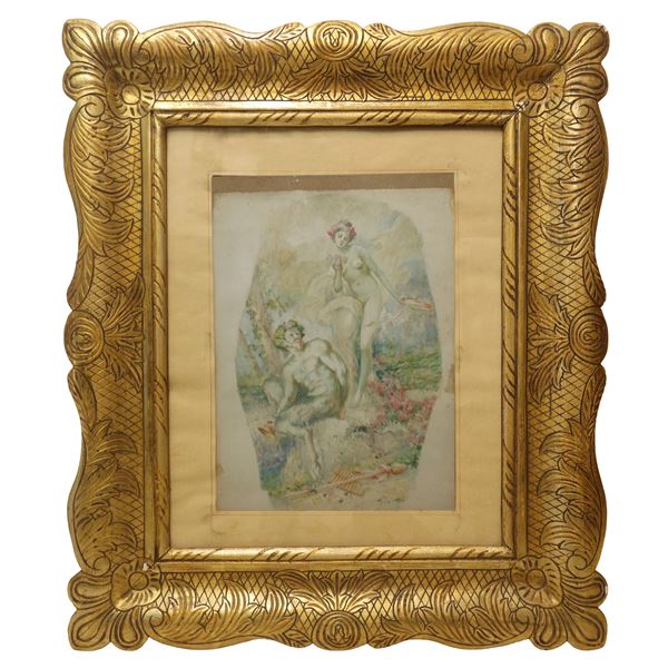 Gaetano  Emanuele : Satiro con ninfa  (Novembre 1930)  - acquerello su carta - Asta Asta Eclettica - Casa d'aste La Rosa
