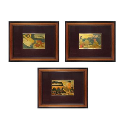 Trittico di litografie di viaggio con mezzi di trasporto (torchio a mano su foglia oro 23 kt)