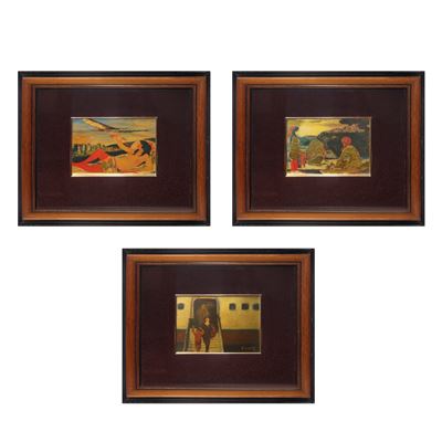 Trittico di litografie di viaggio con mezzi di trasporto (torchio a mano su foglia oro 23 kt)