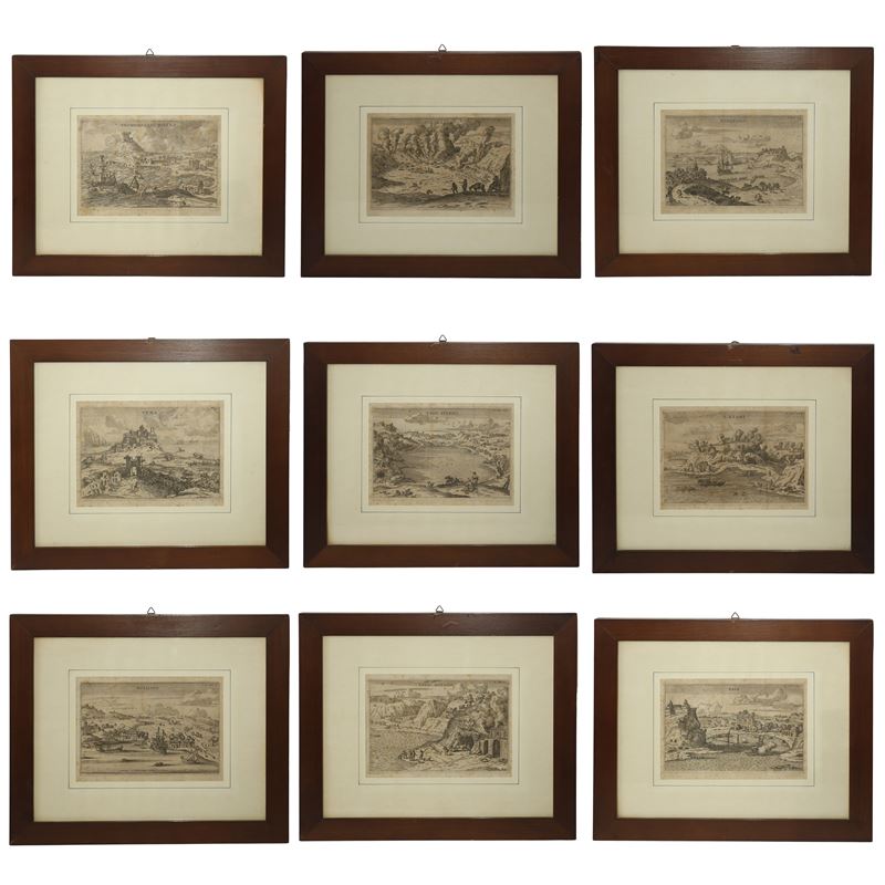 Stampe in bianco e nero, Scene paesaggistiche (n. 9 esemplari), in cornice