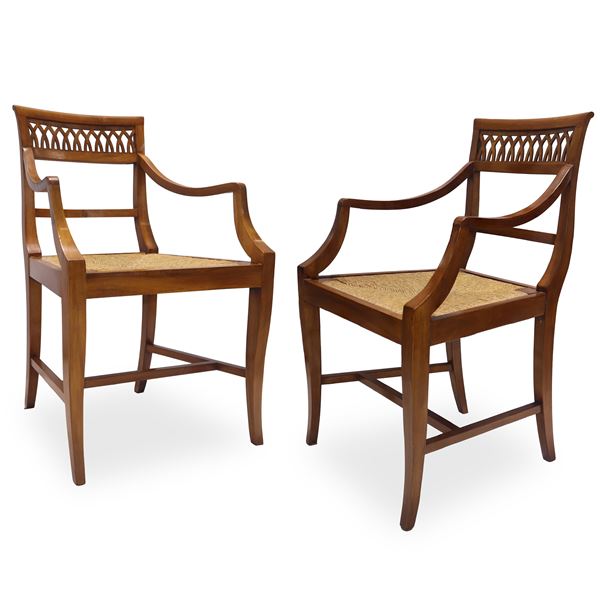 Pair of armchairs with wooden frame and rope seat 