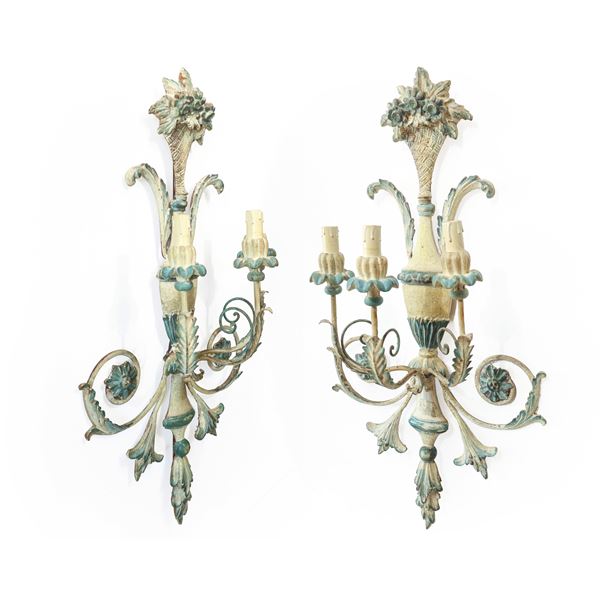 Pair of light blue and white colored wooden wall sconces