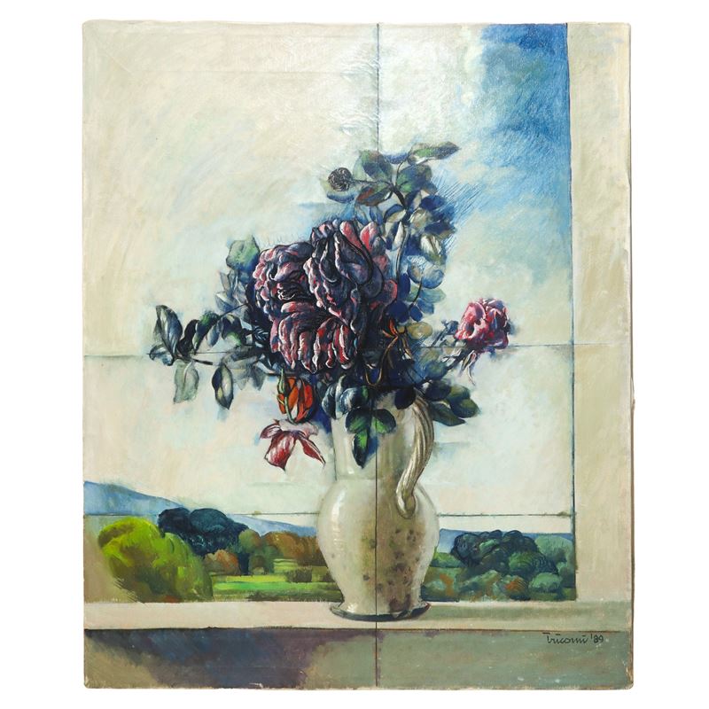 Saro Tricomi - Vaso di fiori, olio su tela, 1989