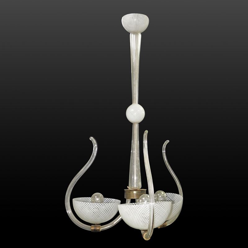 Lampadario con coppe in vetro di Murano in filigrana