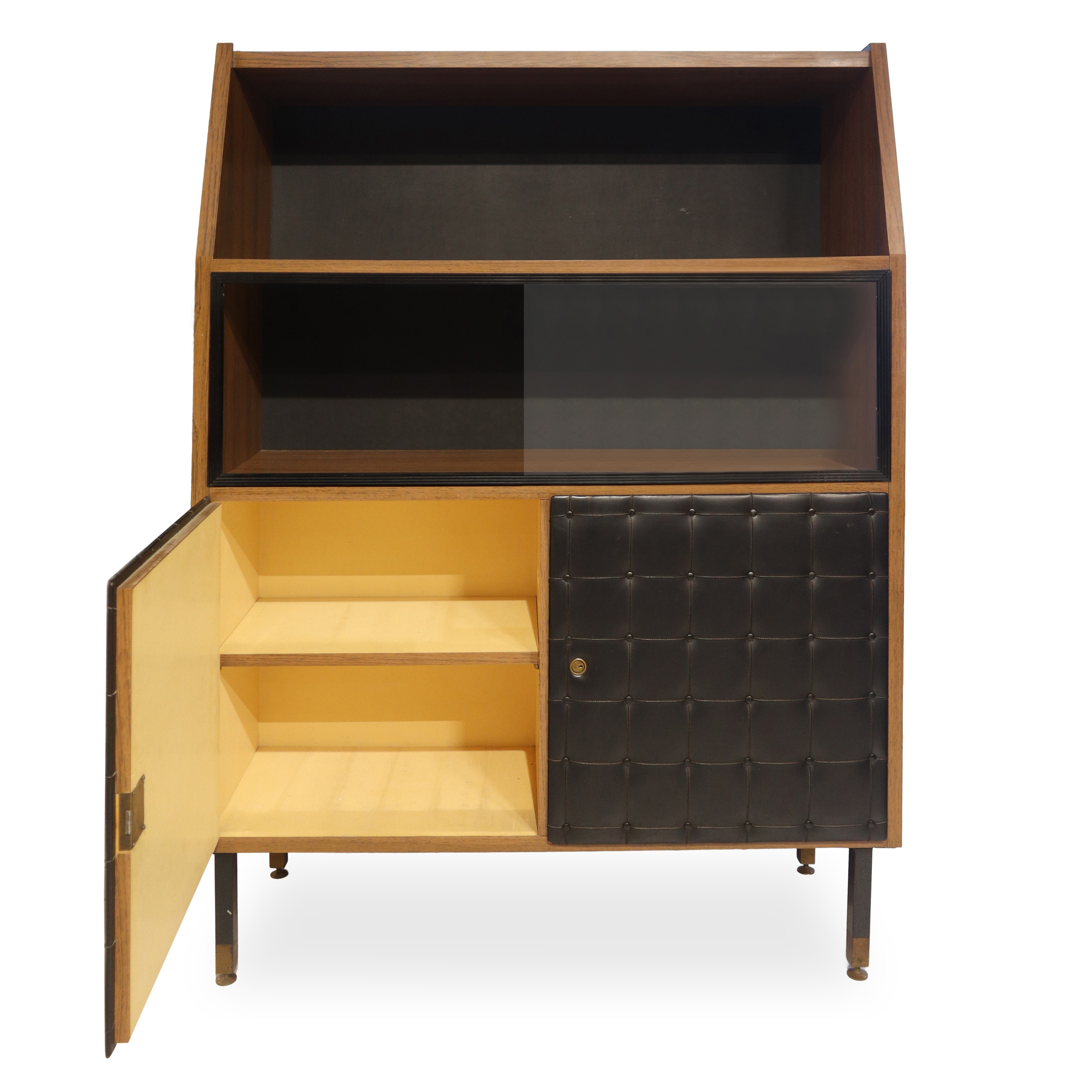 Libreria in legno con vetro e inserti in pelle