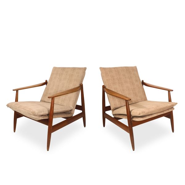 Frem R&#248;jle Made in Denmark - Coppia di poltrone danesi in lana e teak