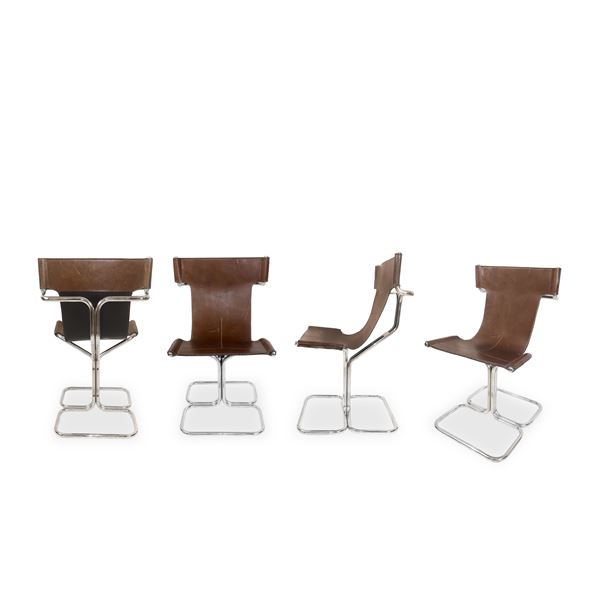 Gruppo DAM  per Busnelli - No. 4 Topos model chairs in leather and chromed metal