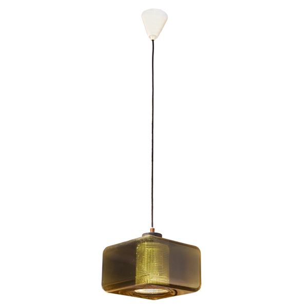 Lampadario cubico in vetro verde fumè