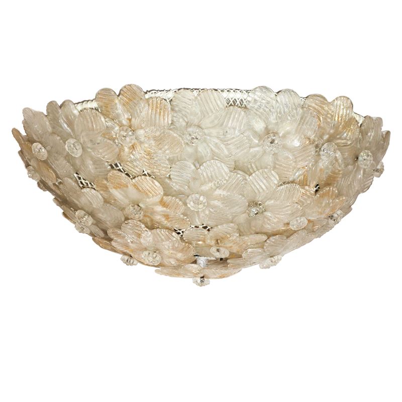 Cesto di fiori, Lampada plafoniera in vetro di Murano bianco e oro