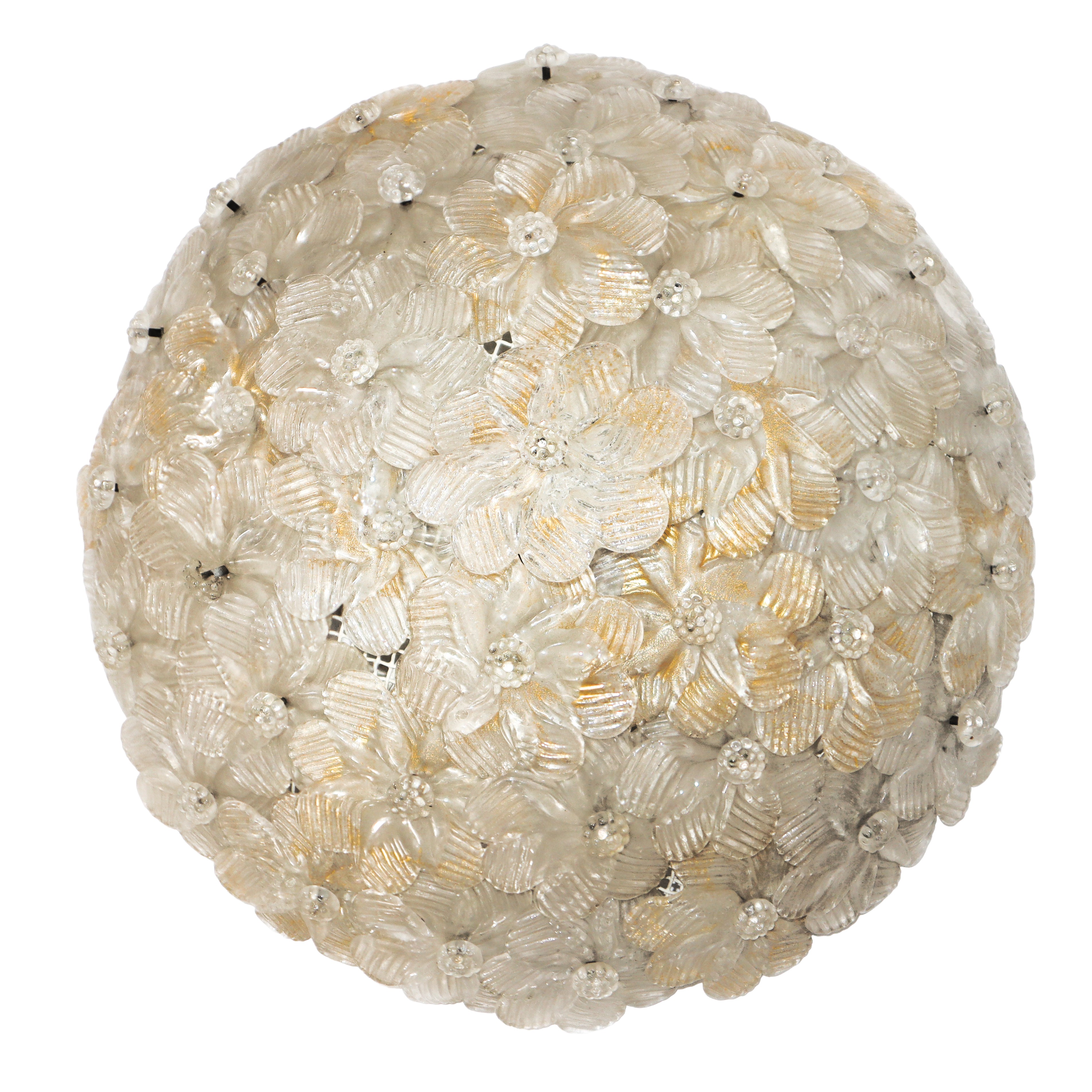 Cesto di fiori, Lampada plafoniera in vetro di Murano bianco e oro