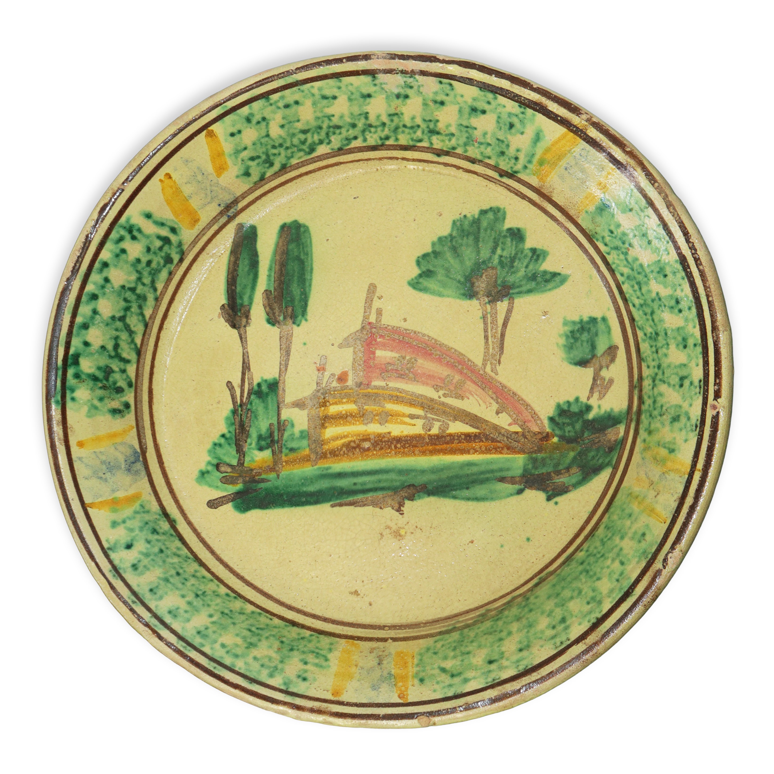 Piatto in maiolica di Caltagirone dipinto al centro con alberi