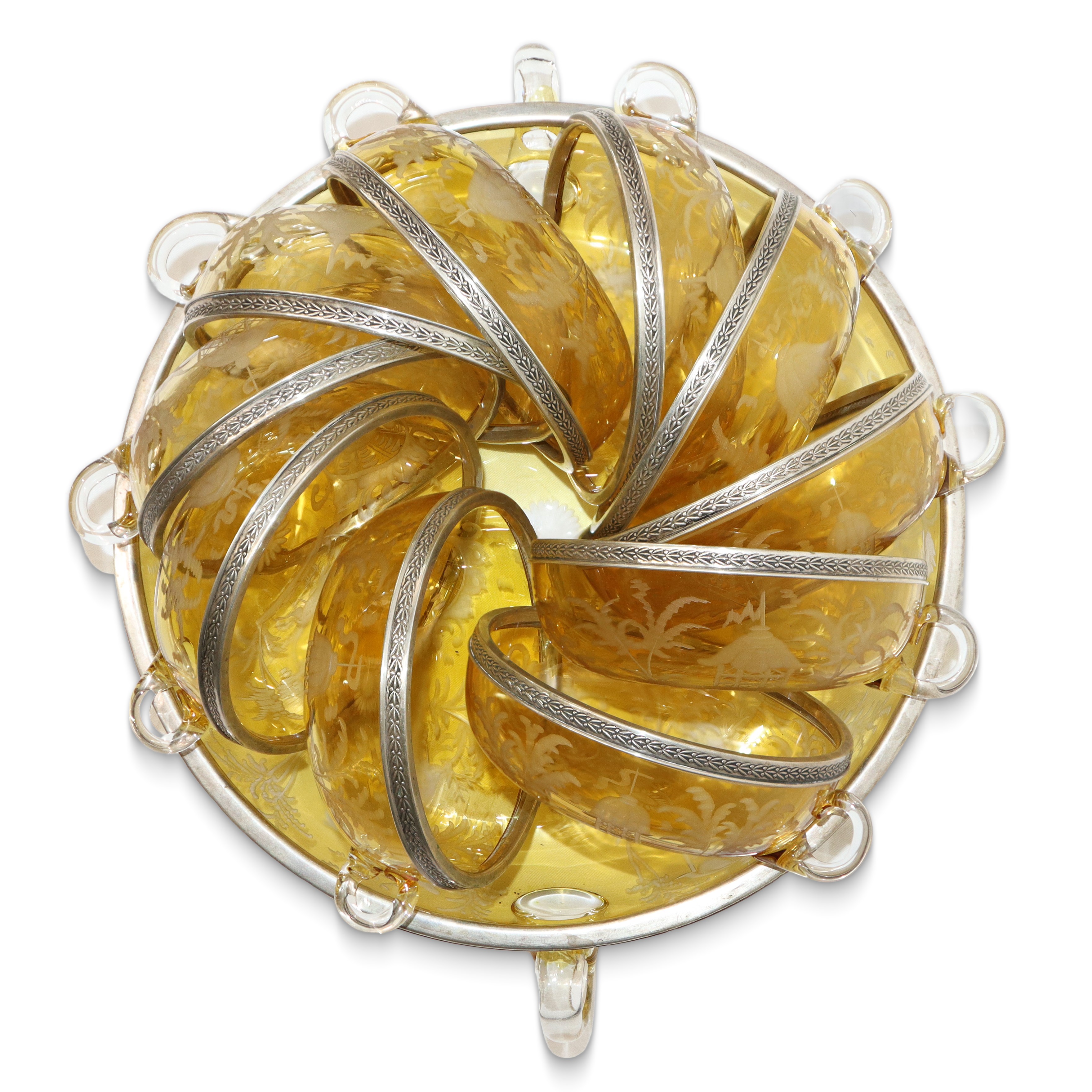 Set da macedonia composto da coppa grande e 10 coppe piccole in vetro di Boemia giallo ambrato bu...