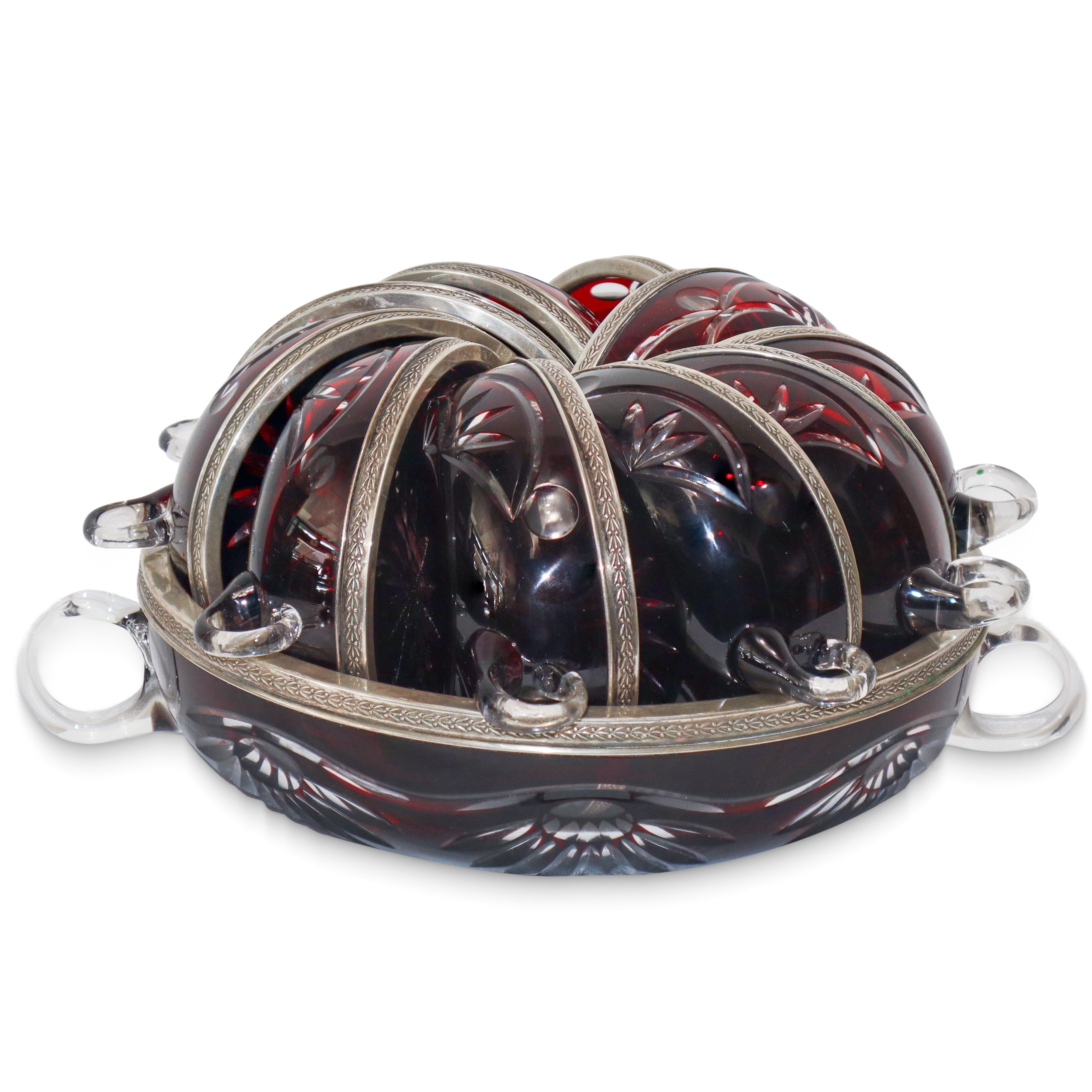 Set da macedonia in vetro di Boemia amaranto, coppa grande e 10 coppe piccole con bordo in argent...