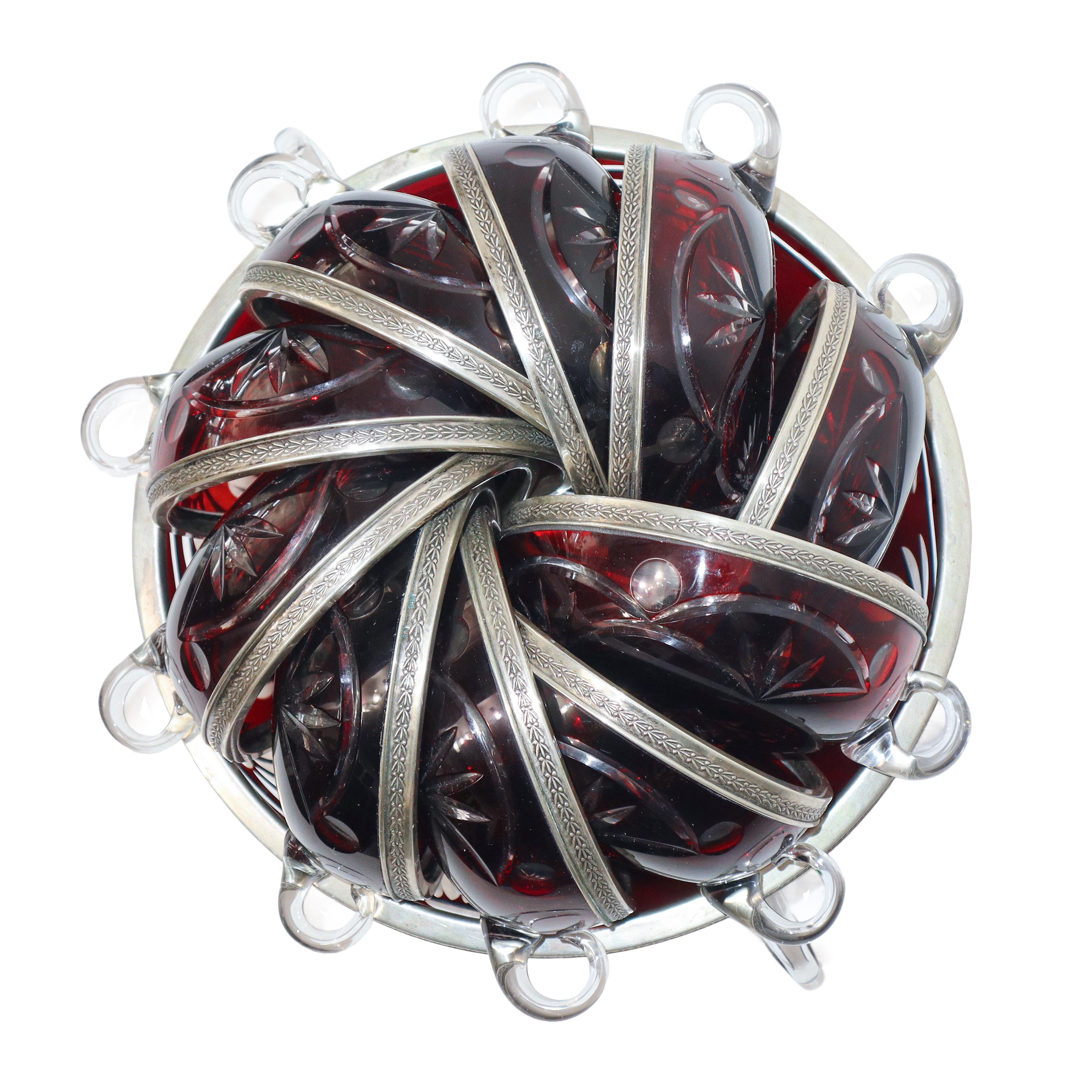 Set da macedonia in vetro di Boemia amaranto, coppa grande e 10 coppe piccole con bordo in argent...
