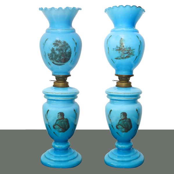 Pair of blue opaline lamps with figures of Napoleon