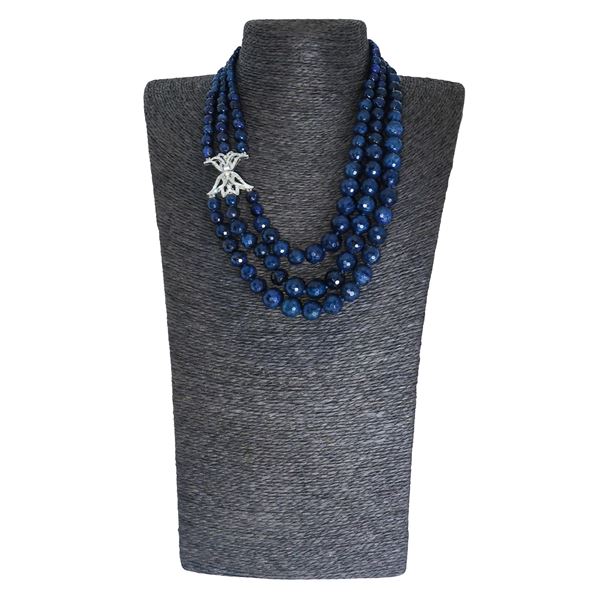 Three-strand sapphire necklace with faceted spherical elements