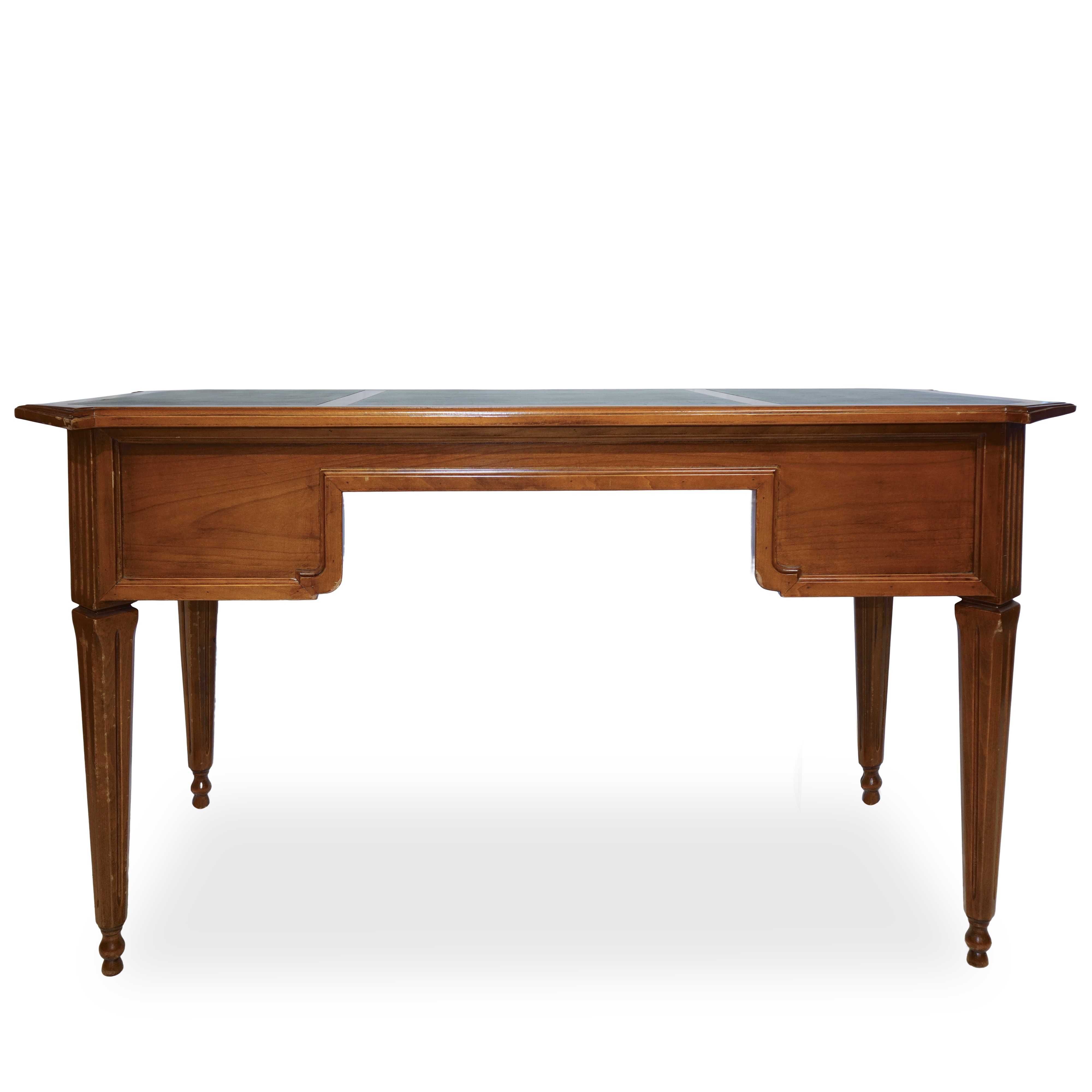 Scrivania in Legno di Noce Chiaro, Piano Rivestito in Pelle, Cassetto Centrale e Cassetti Lateral...