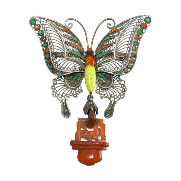 Silver brooch with butterfly and carnelian pendant