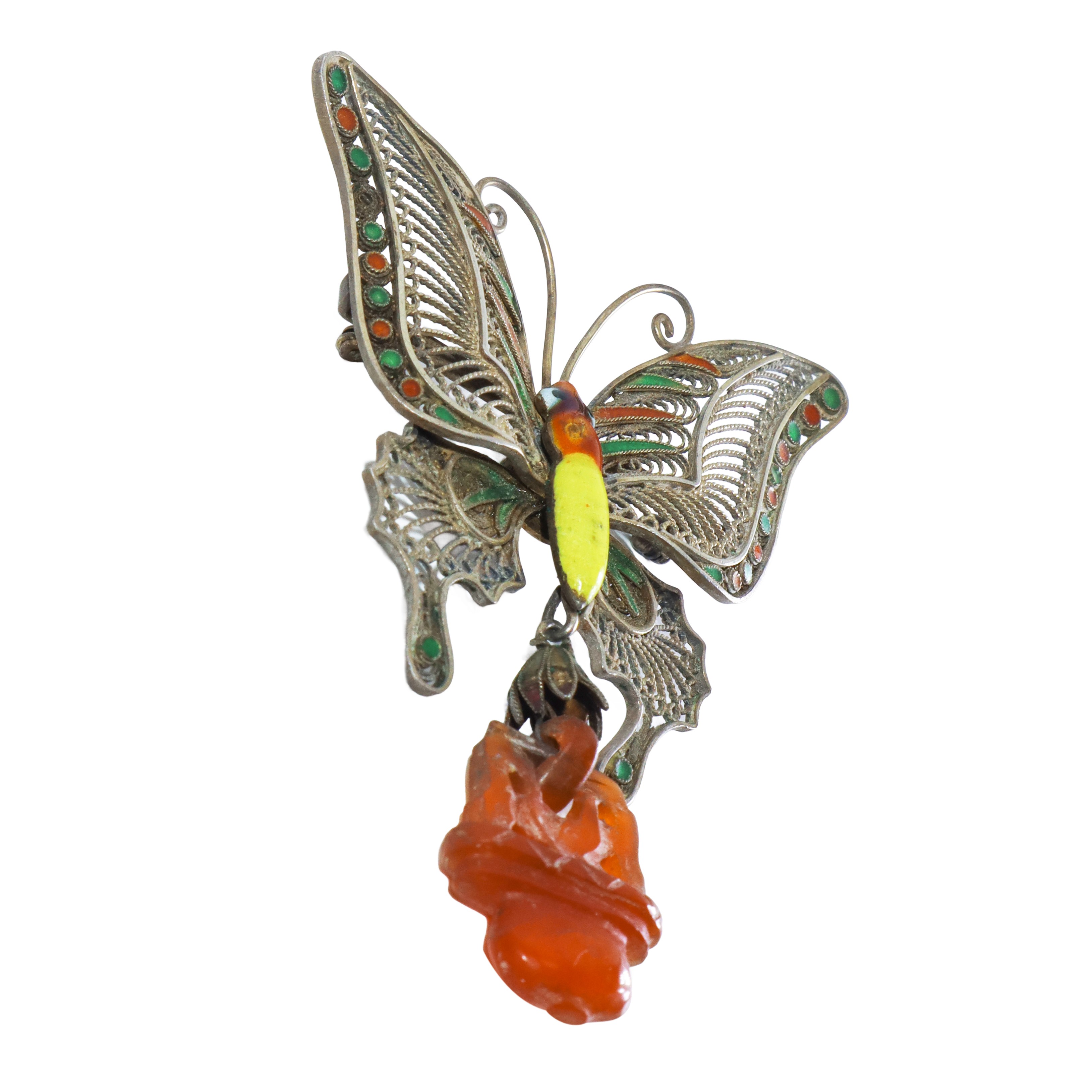 Spilla in silver con farfalla e pendente con corniola