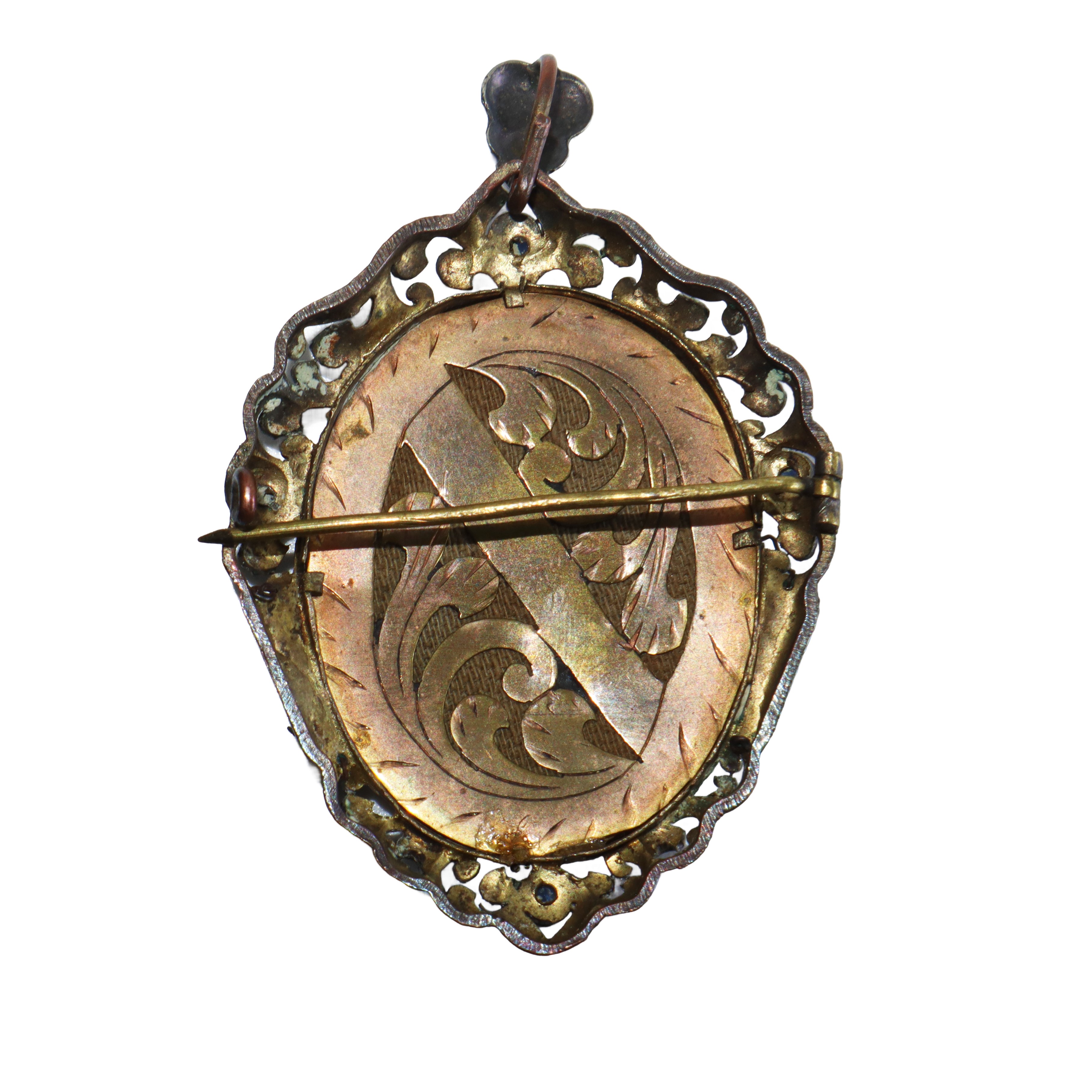 Spilla/pendentif con miniatura di donna in argento a filigrana con pietre dure color zaffiro e pe...