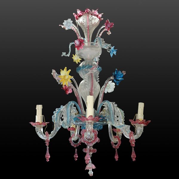 Polychrome Murano blown glass chandelier with 5 lights and a single row of lights.