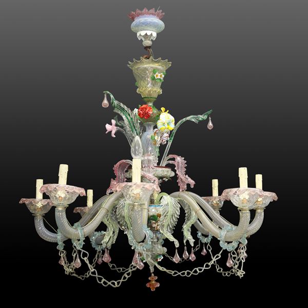 Grande lampadario policromo ca'rezzonico in vetro soffiato di Murano a 8 luci 