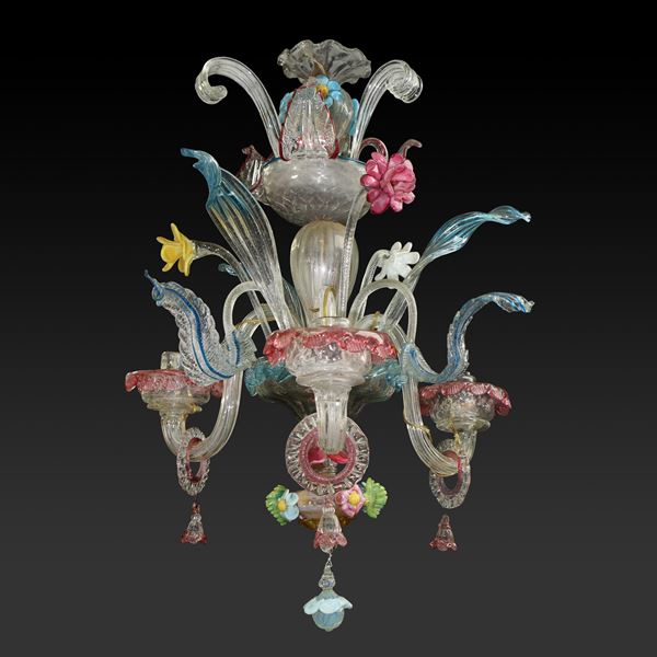 Small three-light polychrome Murano glass chandelier in the Ca&#39;rezzonico style