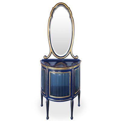 Mobile vetrina con specchiera ovale, laccato blu e finiture dorate (prima metà XX secolo)