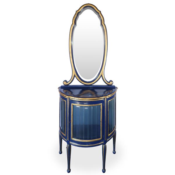 Display cabinet with oval mirror lacquered in blue and gold